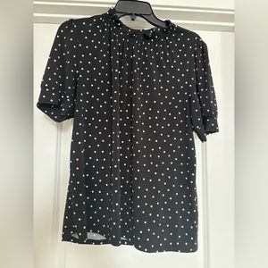 Adrianna Papell, black and white polka-dot, ruffled neckline, large blouse.